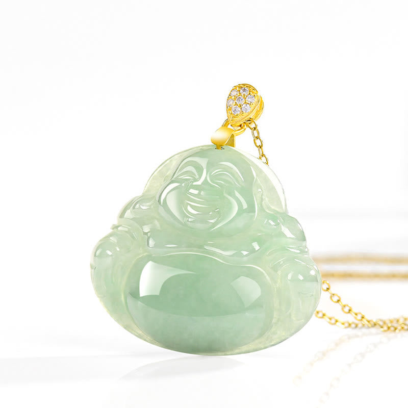 Fortune Jewel Natural Jade Laughing Buddha Luck Prosperity Titanium Steel Chain Necklace Pendant