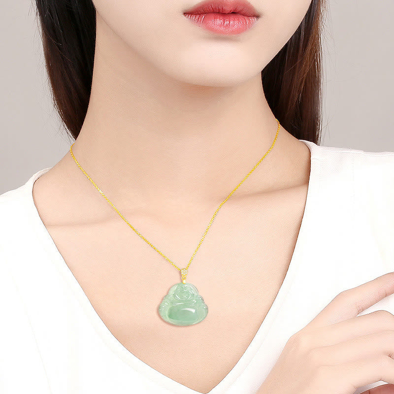 Fortune Jewel Natural Jade Laughing Buddha Luck Prosperity Titanium Steel Chain Necklace Pendant