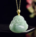 Fortune Jewel Natural Jade Laughing Buddha Luck Prosperity Titanium Steel Chain Necklace Pendant