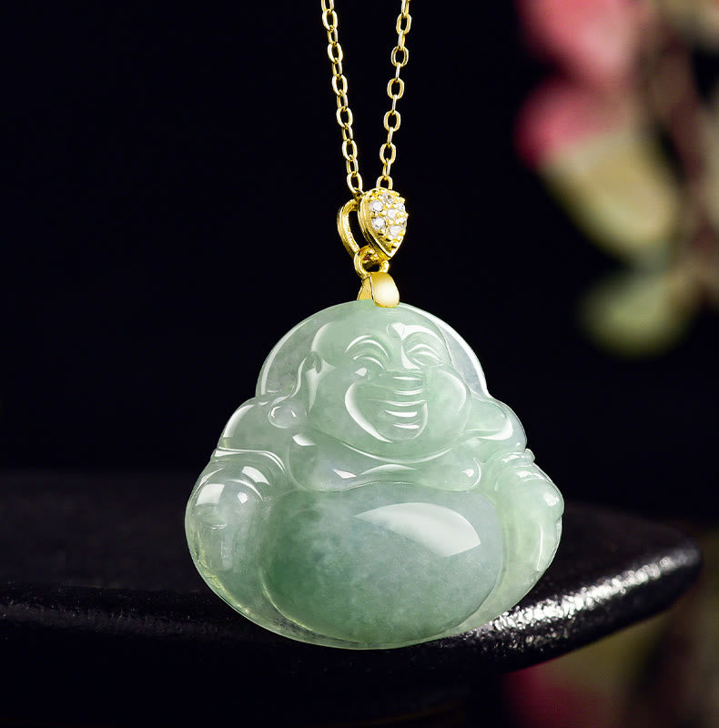 Fortune Jewel Natural Jade Laughing Buddha Luck Prosperity Titanium Steel Chain Necklace Pendant