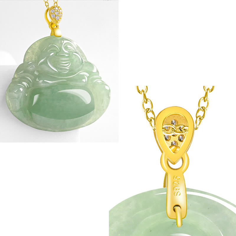 Fortune Jewel Natural Jade Laughing Buddha Luck Prosperity Titanium Steel Chain Necklace Pendant