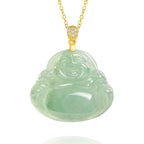 Fortune Jewel Natural Jade Laughing Buddha Luck Prosperity Titanium Steel Chain Necklace Pendant