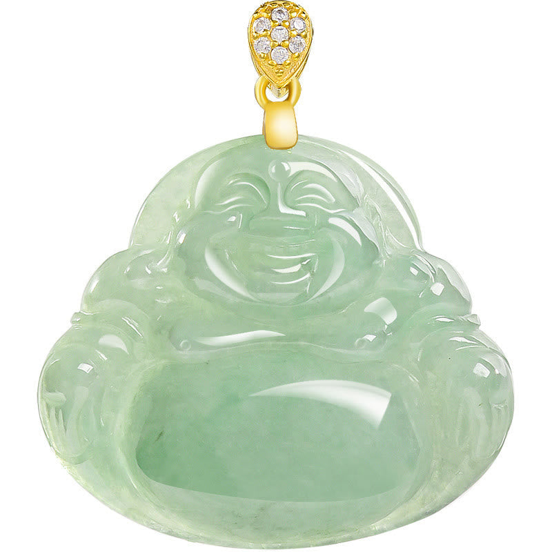 Fortune Jewel Natural Jade Laughing Buddha Luck Prosperity Titanium Steel Chain Necklace Pendant
