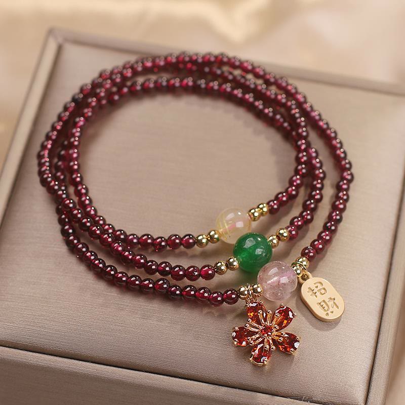 Fortune Jewel Natural 3mm Ultra-thin Garnet Beads Cherry Blossom Flower Attract Fortune Protection Multilayer Bracelet