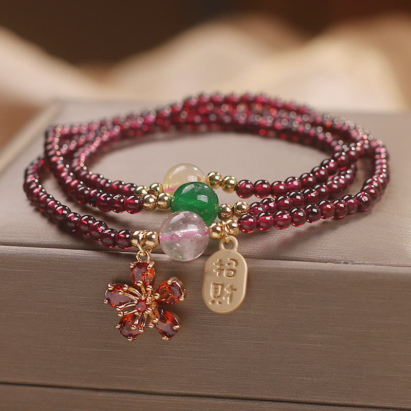 Fortune Jewel Natural 3mm Ultra-thin Garnet Beads Cherry Blossom Flower Attract Fortune Protection Multilayer Bracelet