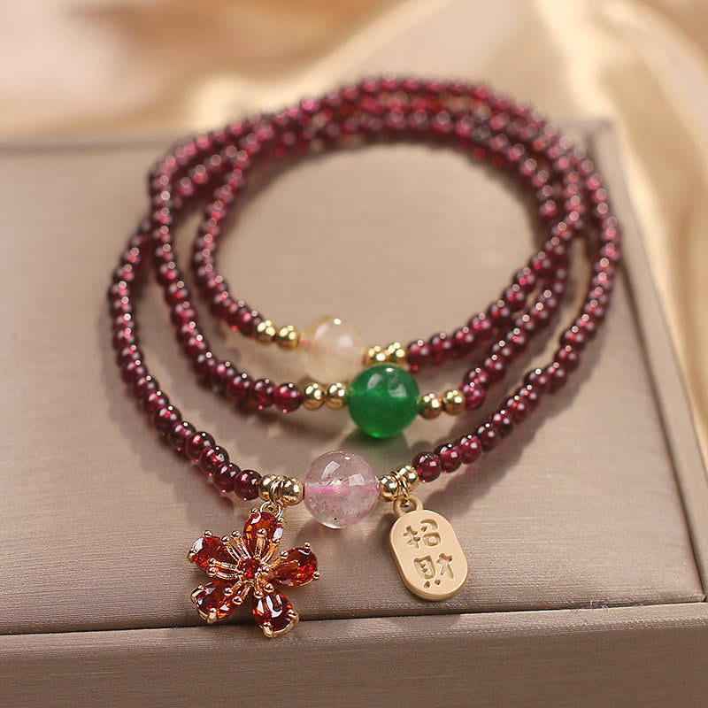 Fortune Jewel Natural 3mm Ultra-thin Garnet Beads Cherry Blossom Flower Attract Fortune Protection Multilayer Bracelet