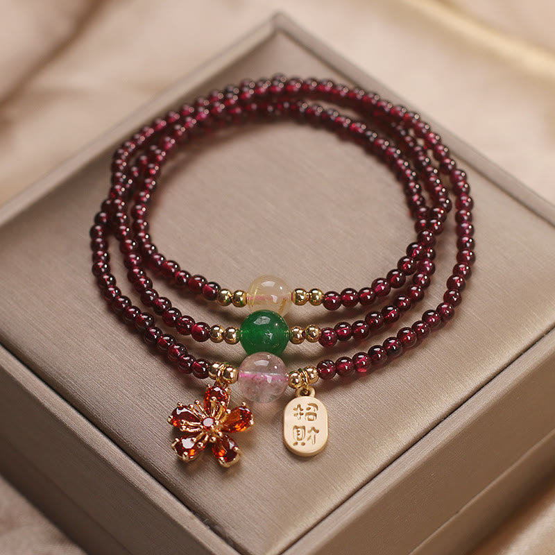 Fortune Jewel Natural 3mm Ultra-thin Garnet Beads Cherry Blossom Flower Attract Fortune Protection Multilayer Bracelet