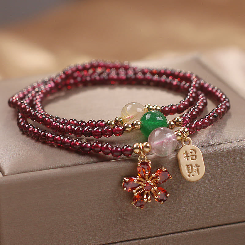 Fortune Jewel Natural 3mm Ultra-thin Garnet Beads Cherry Blossom Flower Attract Fortune Protection Multilayer Bracelet