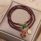 Fortune Jewel Natural 3mm Ultra-thin Garnet Beads Cherry Blossom Flower Attract Fortune Protection Multilayer Bracelet