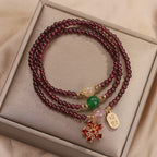 Fortune Jewel Natural 3mm Ultra-thin Garnet Beads Cherry Blossom Flower Attract Fortune Protection Multilayer Bracelet