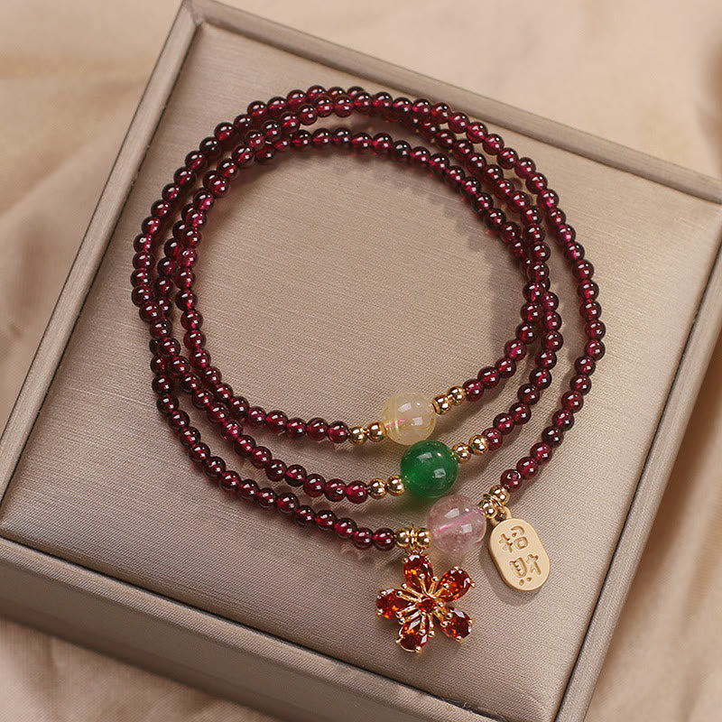 Fortune Jewel Natural 3mm Ultra-thin Garnet Beads Cherry Blossom Flower Attract Fortune Protection Multilayer Bracelet