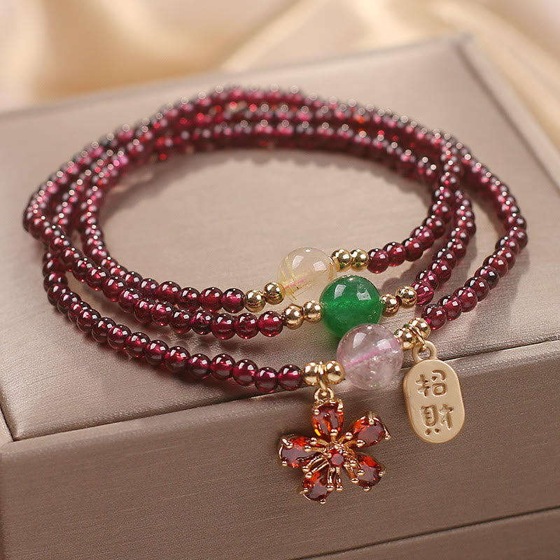 Fortune Jewel Natural 3mm Ultra-thin Garnet Beads Cherry Blossom Flower Attract Fortune Protection Multilayer Bracelet
