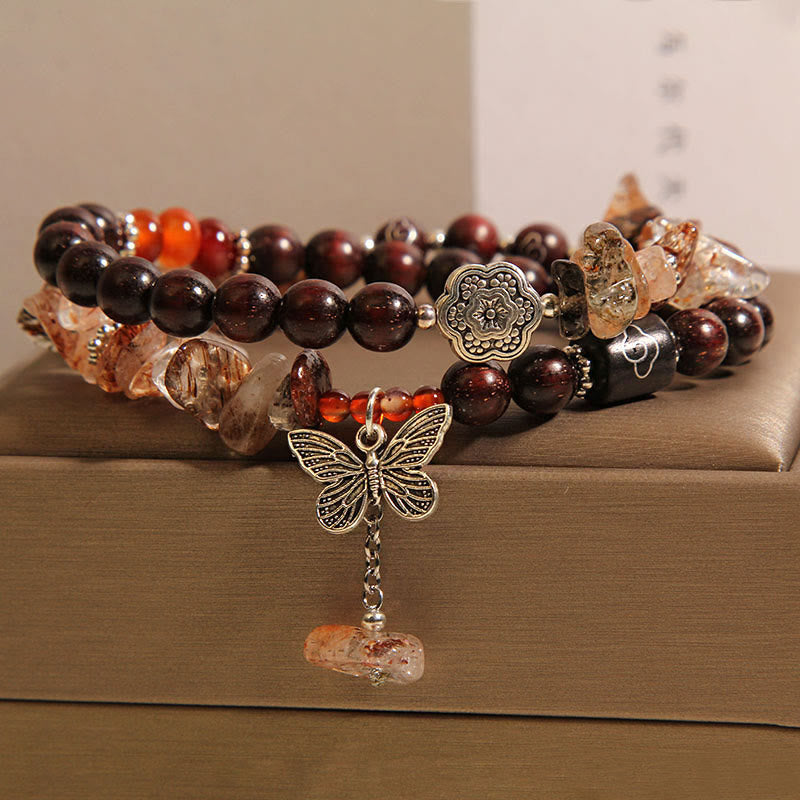 Fortune Jewel Natural Rutilated Quartz Small Leaf Red Sandalwood Wealth Butterfly Charm Bracelet
