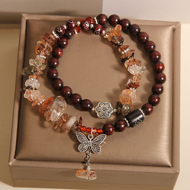 Fortune Jewel Natural Rutilated Quartz Small Leaf Red Sandalwood Wealth Butterfly Charm Bracelet