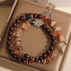 Fortune Jewel Natural Rutilated Quartz Small Leaf Red Sandalwood Wealth Butterfly Charm Bracelet