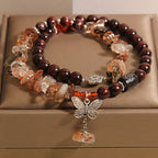 Fortune Jewel Natural Rutilated Quartz Small Leaf Red Sandalwood Wealth Butterfly Charm Bracelet