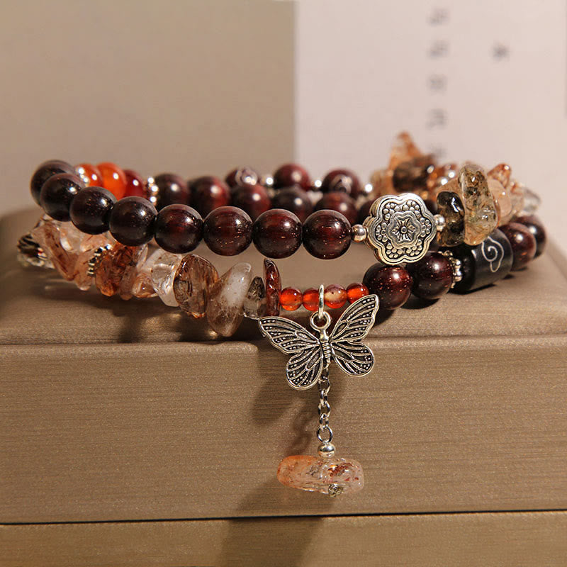 Fortune Jewel Natural Rutilated Quartz Small Leaf Red Sandalwood Wealth Butterfly Charm Bracelet