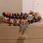 Fortune Jewel Natural Rutilated Quartz Small Leaf Red Sandalwood Wealth Butterfly Charm Bracelet