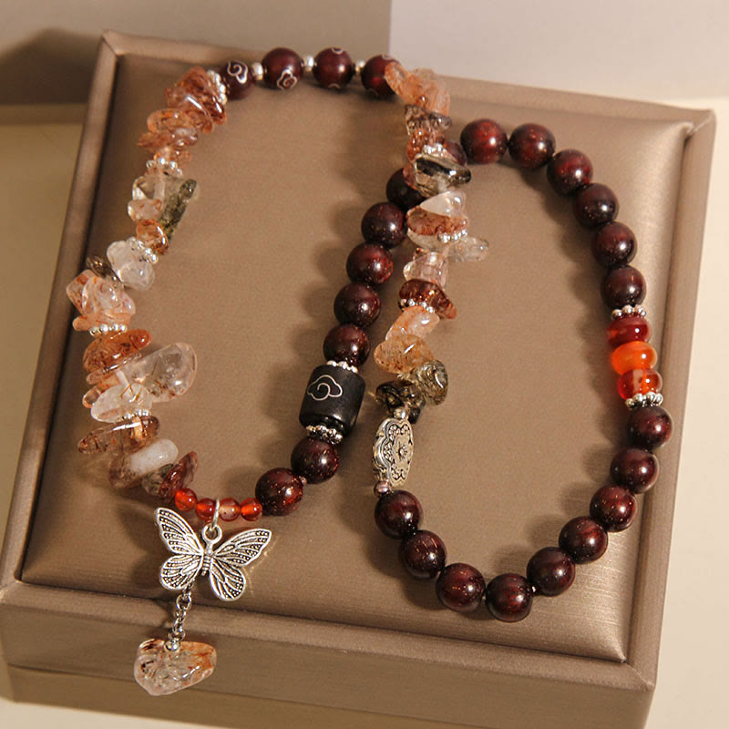Fortune Jewel Natural Rutilated Quartz Small Leaf Red Sandalwood Wealth Butterfly Charm Bracelet