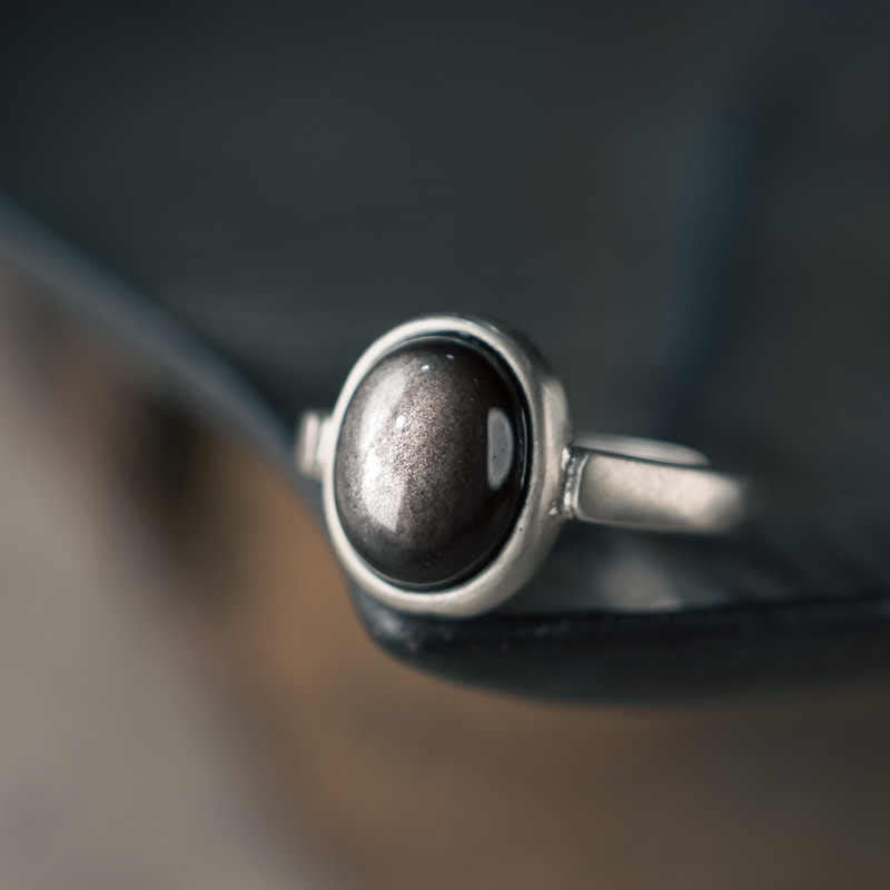 Fortune Jewel Natural 925 Sterling Silver Silver Sheen Obsidian Adjustable Protection Ring