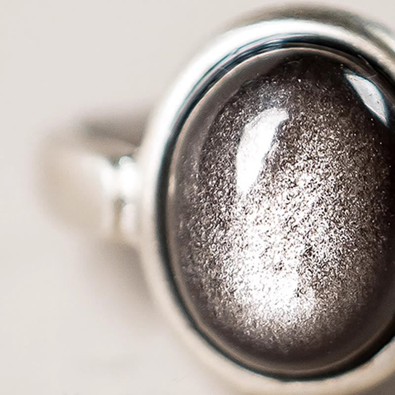 Fortune Jewel Natural 925 Sterling Silver Silver Sheen Obsidian Adjustable Protection Ring