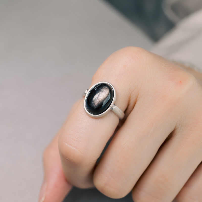 Fortune Jewel Natural 925 Sterling Silver Silver Sheen Obsidian Adjustable Protection Ring