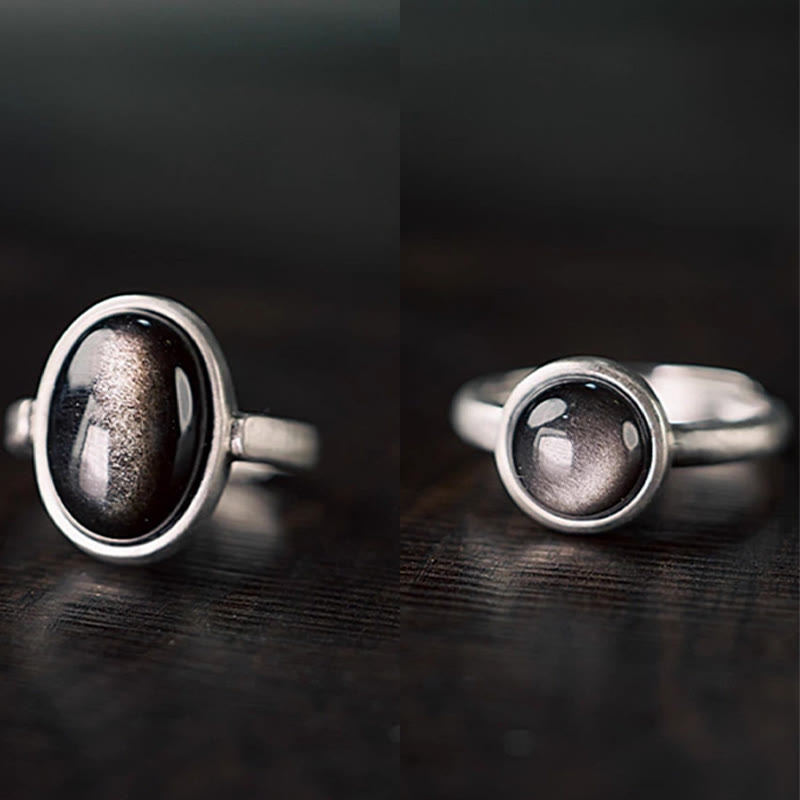 Fortune Jewel Natural 925 Sterling Silver Silver Sheen Obsidian Adjustable Protection Ring