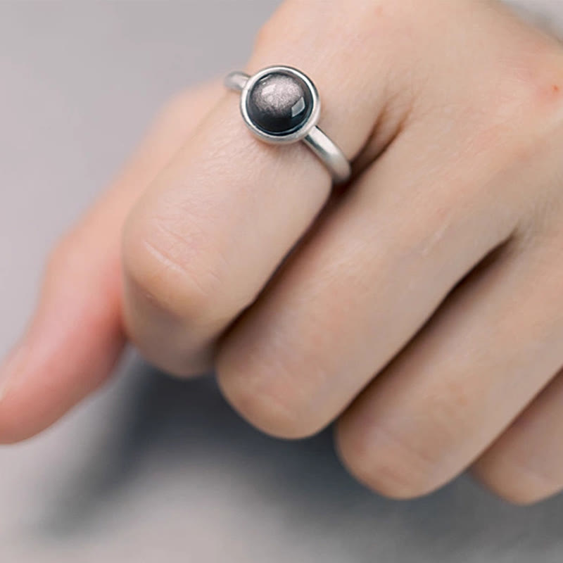 Fortune Jewel Natural 925 Sterling Silver Silver Sheen Obsidian Adjustable Protection Ring