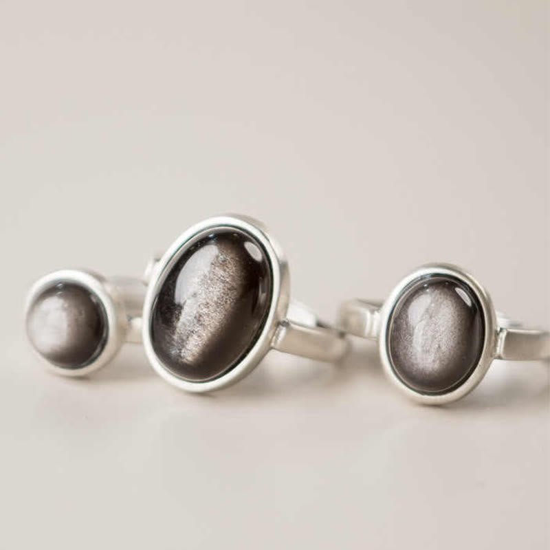 Fortune Jewel Natural 925 Sterling Silver Silver Sheen Obsidian Adjustable Protection Ring