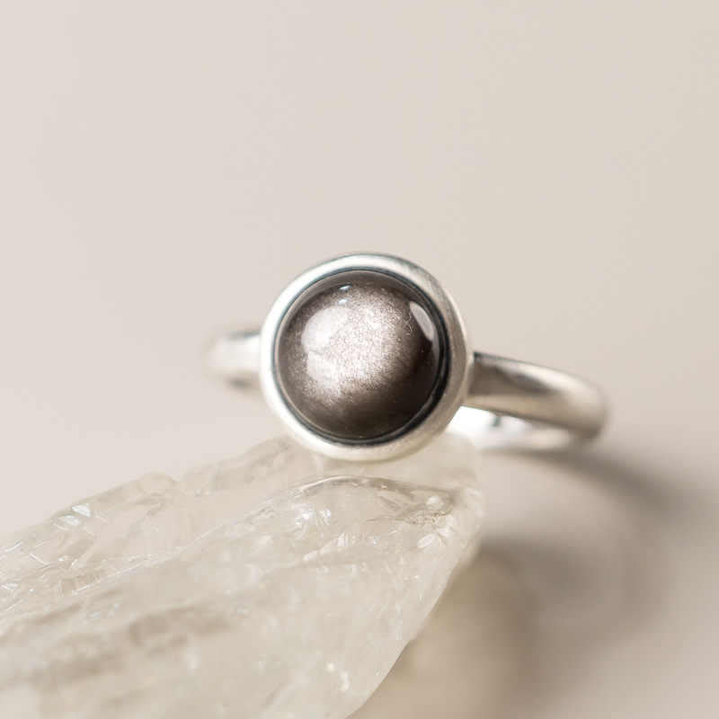 Fortune Jewel Natural 925 Sterling Silver Silver Sheen Obsidian Adjustable Protection Ring