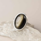 Fortune Jewel Natural 925 Sterling Silver Gold Sheen Obsidian Adjustable Wealth Ring