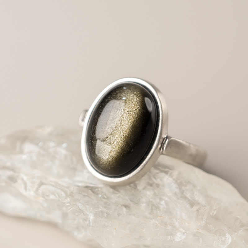 Fortune Jewel Natural 925 Sterling Silver Gold Sheen Obsidian Adjustable Wealth Ring