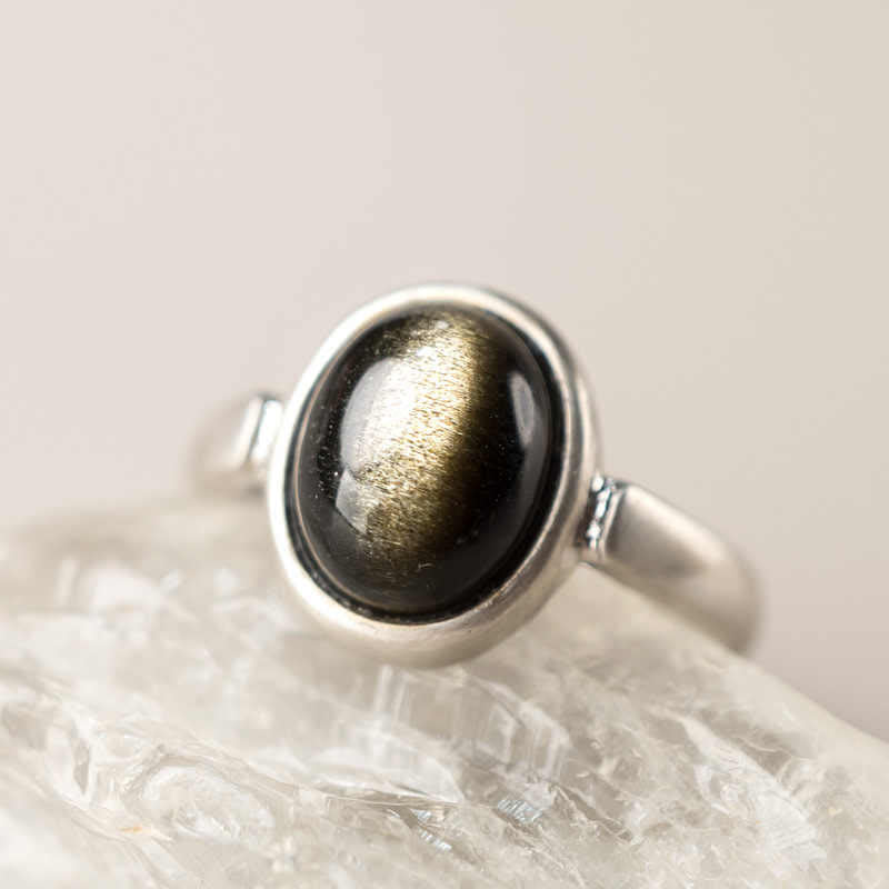 Fortune Jewel Natural 925 Sterling Silver Gold Sheen Obsidian Adjustable Wealth Ring