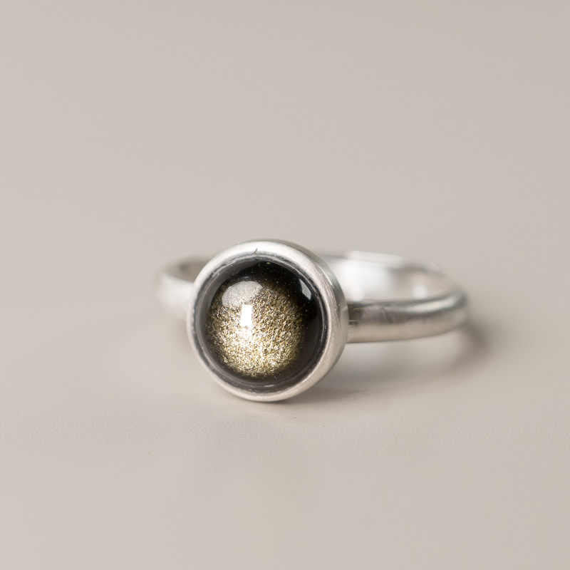 Fortune Jewel Natural 925 Sterling Silver Gold Sheen Obsidian Adjustable Wealth Ring