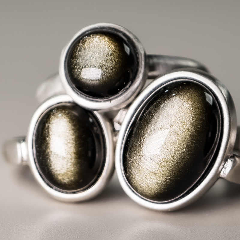 Fortune Jewel Natural 925 Sterling Silver Gold Sheen Obsidian Adjustable Wealth Ring