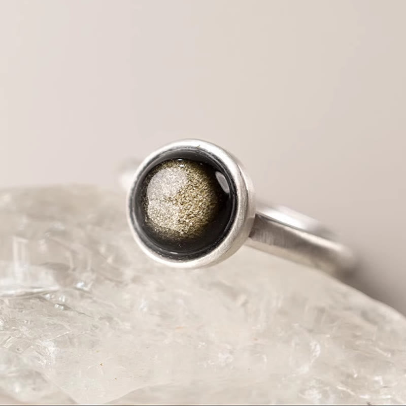 Fortune Jewel Natural 925 Sterling Silver Gold Sheen Obsidian Adjustable Wealth Ring