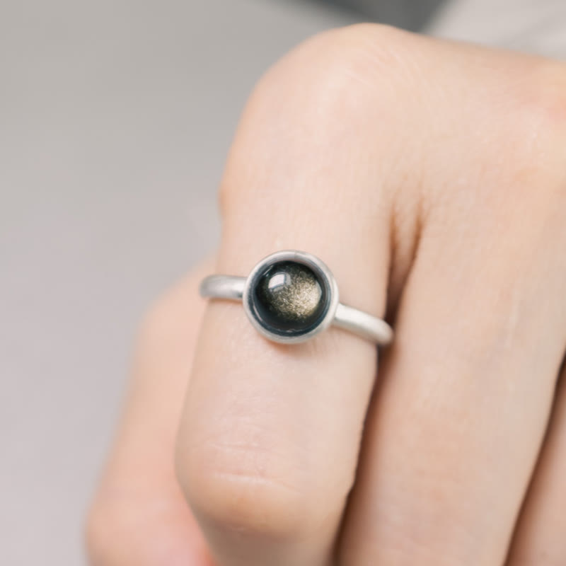 Fortune Jewel Natural 925 Sterling Silver Gold Sheen Obsidian Adjustable Wealth Ring