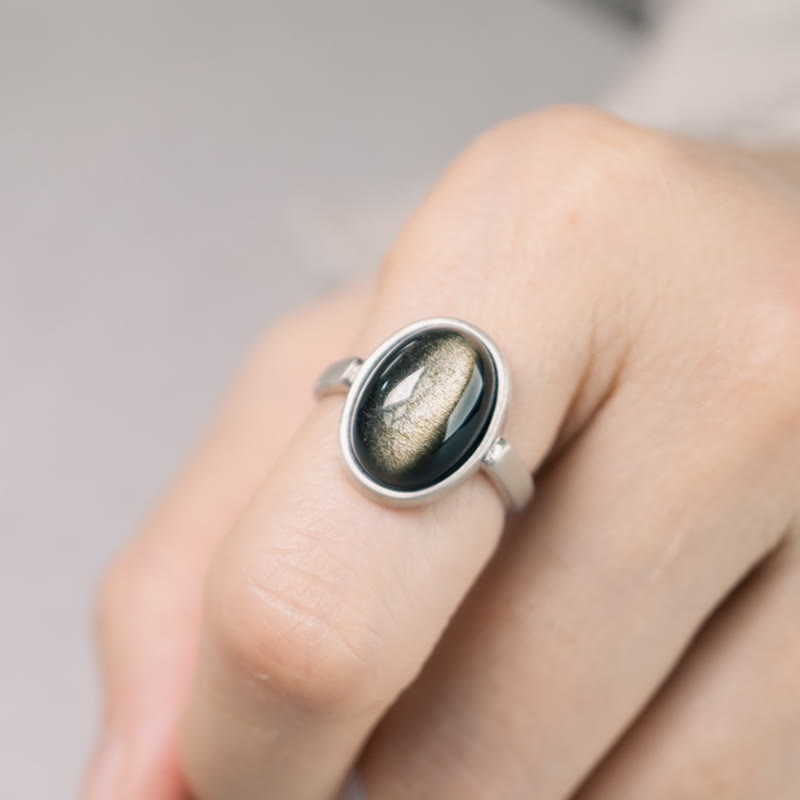 Fortune Jewel Natural 925 Sterling Silver Gold Sheen Obsidian Adjustable Wealth Ring