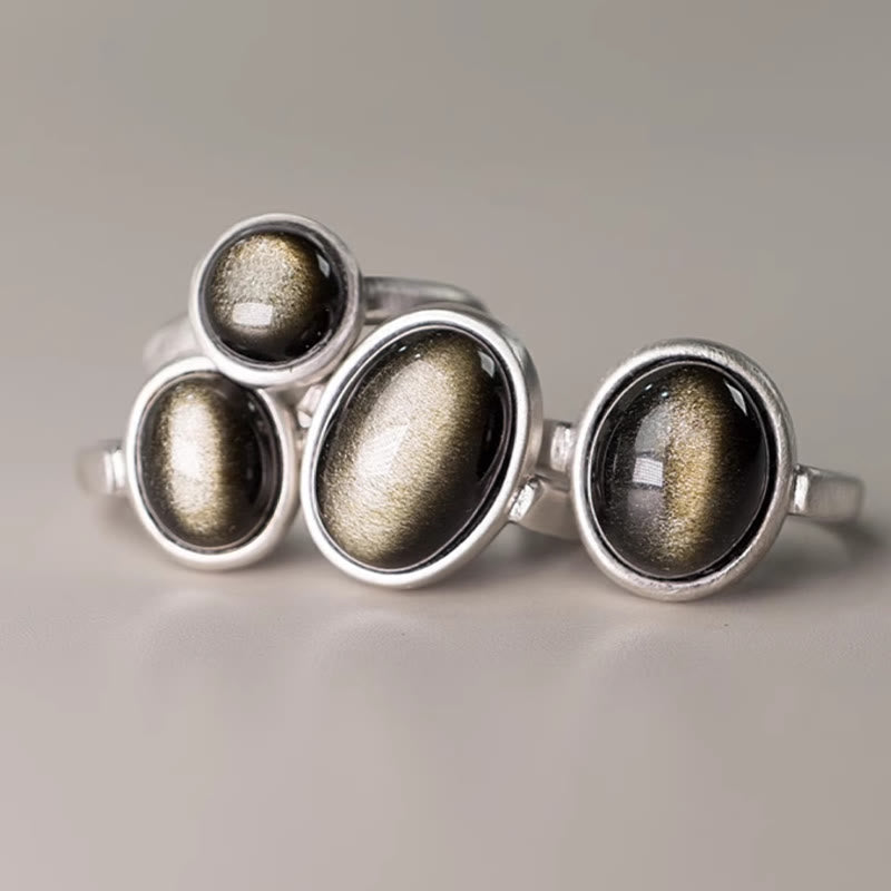 Fortune Jewel Natural 925 Sterling Silver Gold Sheen Obsidian Adjustable Wealth Ring