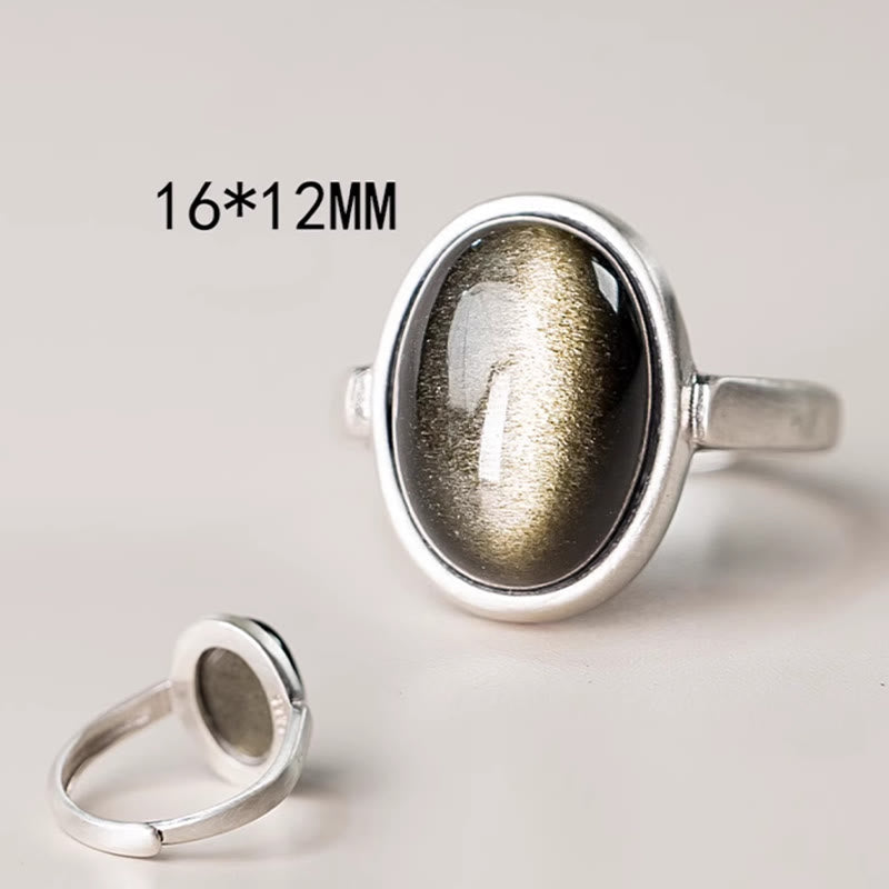 Fortune Jewel Natural 925 Sterling Silver Gold Sheen Obsidian Adjustable Wealth Ring