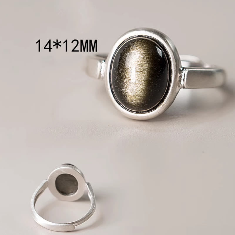 Fortune Jewel Natural 925 Sterling Silver Gold Sheen Obsidian Adjustable Wealth Ring
