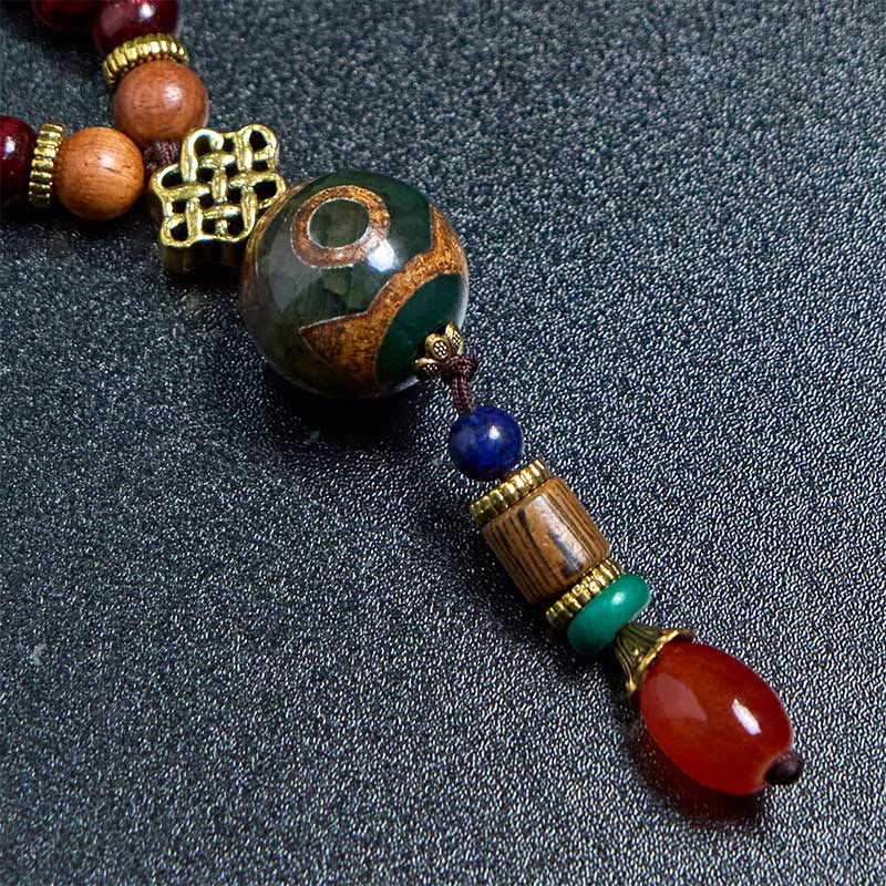 Fortune Jewel Tibetan Handmade Wenge Wood Protection Dzi Bead Elephant Head Necklace Pendant