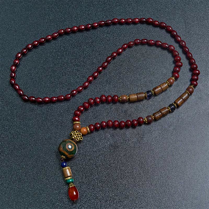 Fortune Jewel Tibetan Handmade Wenge Wood Protection Dzi Bead Elephant Head Necklace Pendant