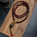 Fortune Jewel Tibetan Handmade Wenge Wood Protection Dzi Bead Elephant Head Necklace Pendant