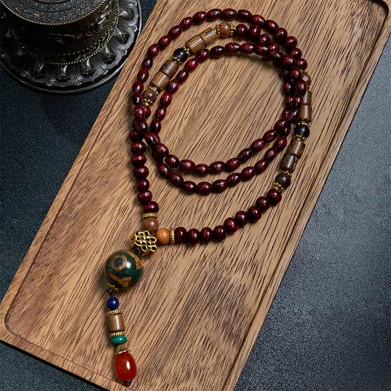 Fortune Jewel Tibetan Handmade Wenge Wood Protection Dzi Bead Elephant Head Necklace Pendant