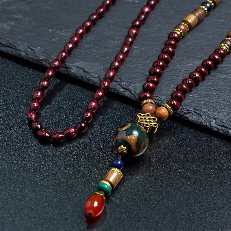 Fortune Jewel Tibetan Handmade Wenge Wood Protection Dzi Bead Elephant Head Necklace Pendant