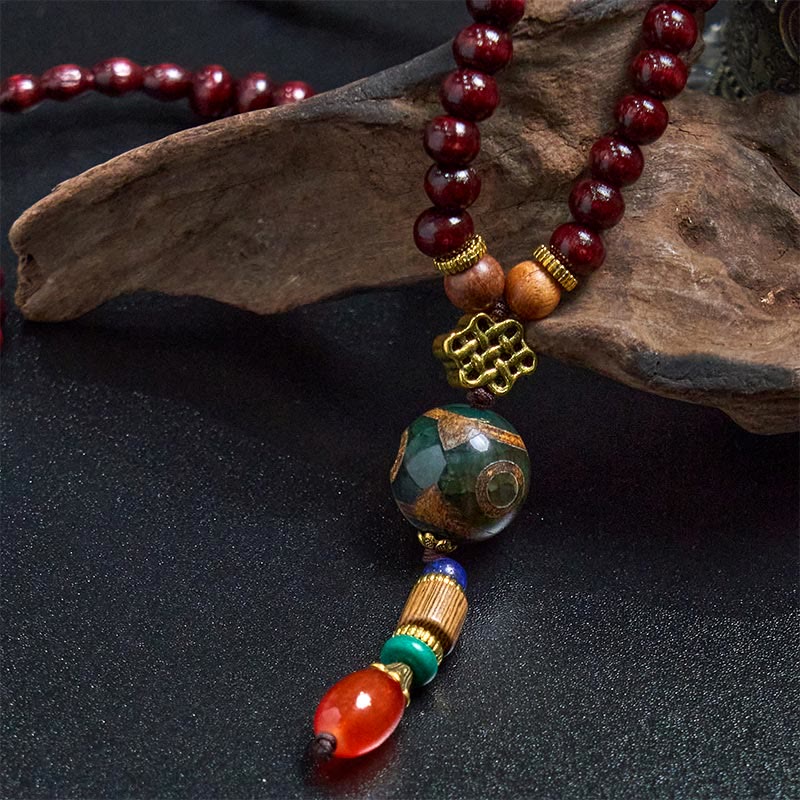 Fortune Jewel Tibetan Handmade Wenge Wood Protection Dzi Bead Elephant Head Necklace Pendant