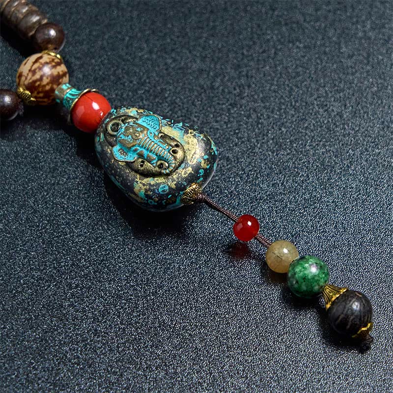 Fortune Jewel Tibetan Handmade Wenge Wood Protection Dzi Bead Elephant Head Necklace Pendant