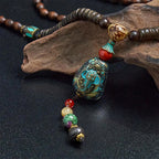 Fortune Jewel Tibetan Handmade Wenge Wood Protection Dzi Bead Elephant Head Necklace Pendant