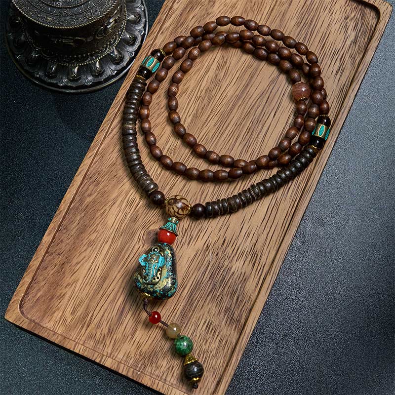 Fortune Jewel Tibetan Handmade Wenge Wood Protection Dzi Bead Elephant Head Necklace Pendant